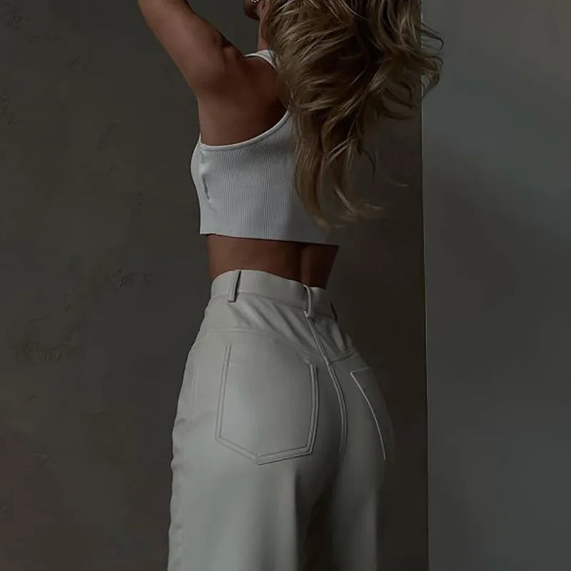 Women's PU Leather High Rise Button Up Straight Leg Trousers
