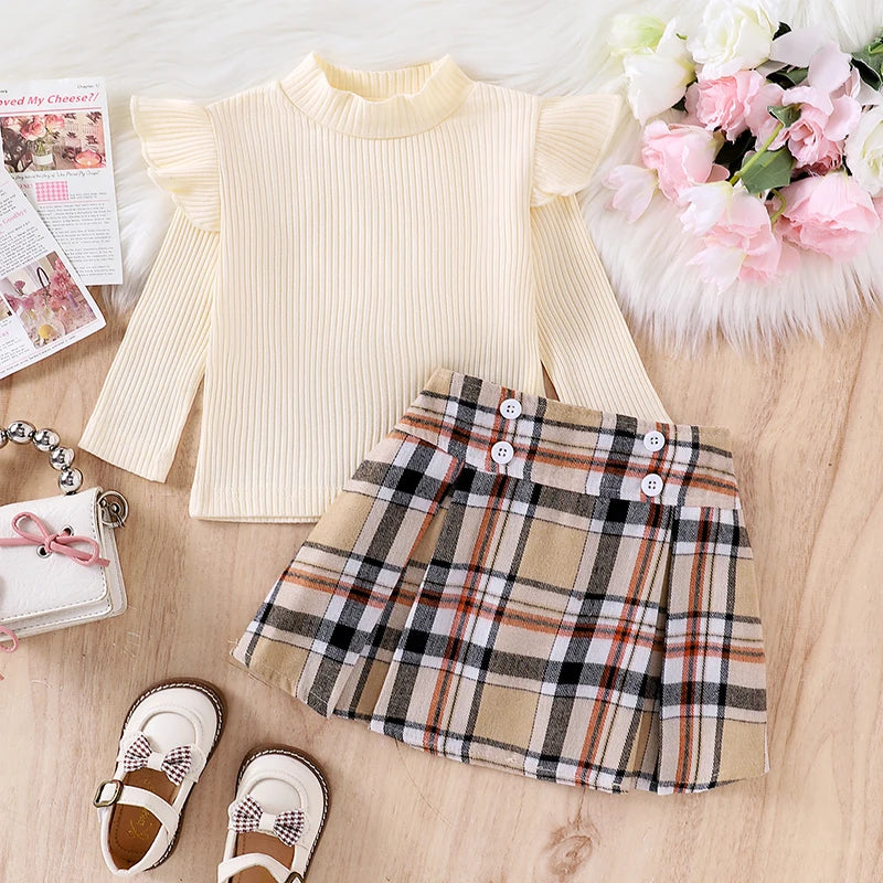 Little Girl Fall Clothes Set - Ruffle Long Sleeve Ribbed Top & Plaid A-Line Skirt
