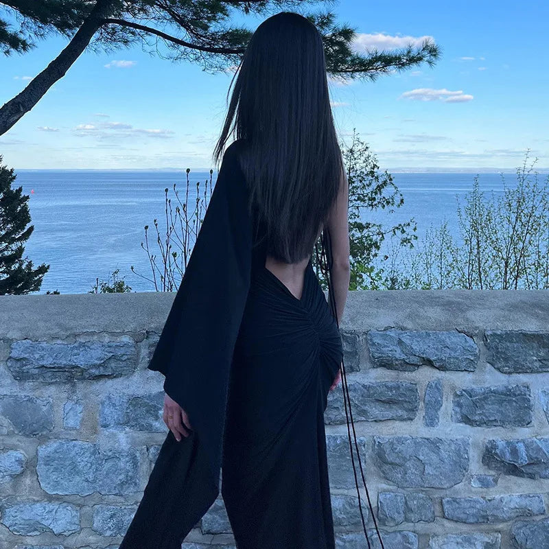 Women's Draped Deep V Backless Maxi One Shoulder Gown Slip Dress