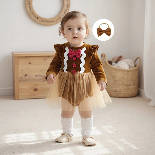 Baby Girls Christmas Gingerbread Man Romper Dress with Bow Headband (0-18M)