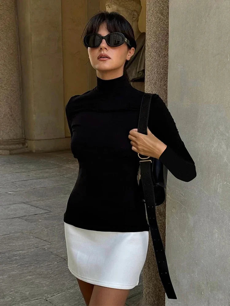 Women's Turtleneck Splice Long Sleeve Mini Contrast Color Bodycon Party Dress