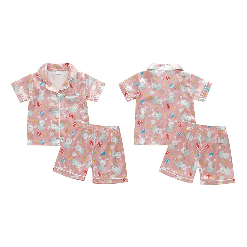 1-7Y Kids Girls Easter Pyjamas Clothes Set Rabbit Carrot Print Button Down V Neck Short Sleeve Tops and Shorts