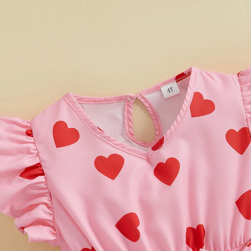 Girls' Valentine's Heart Print Dress - Flutter Sleeve V-Neck A-Line Dress