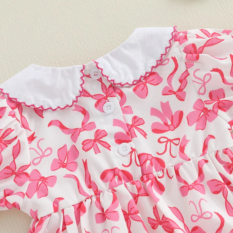 0-18M Summer Baby Girls Sweet Romper Short Sleeve Bow Embroidery Doll Collar Print Jumpsuit