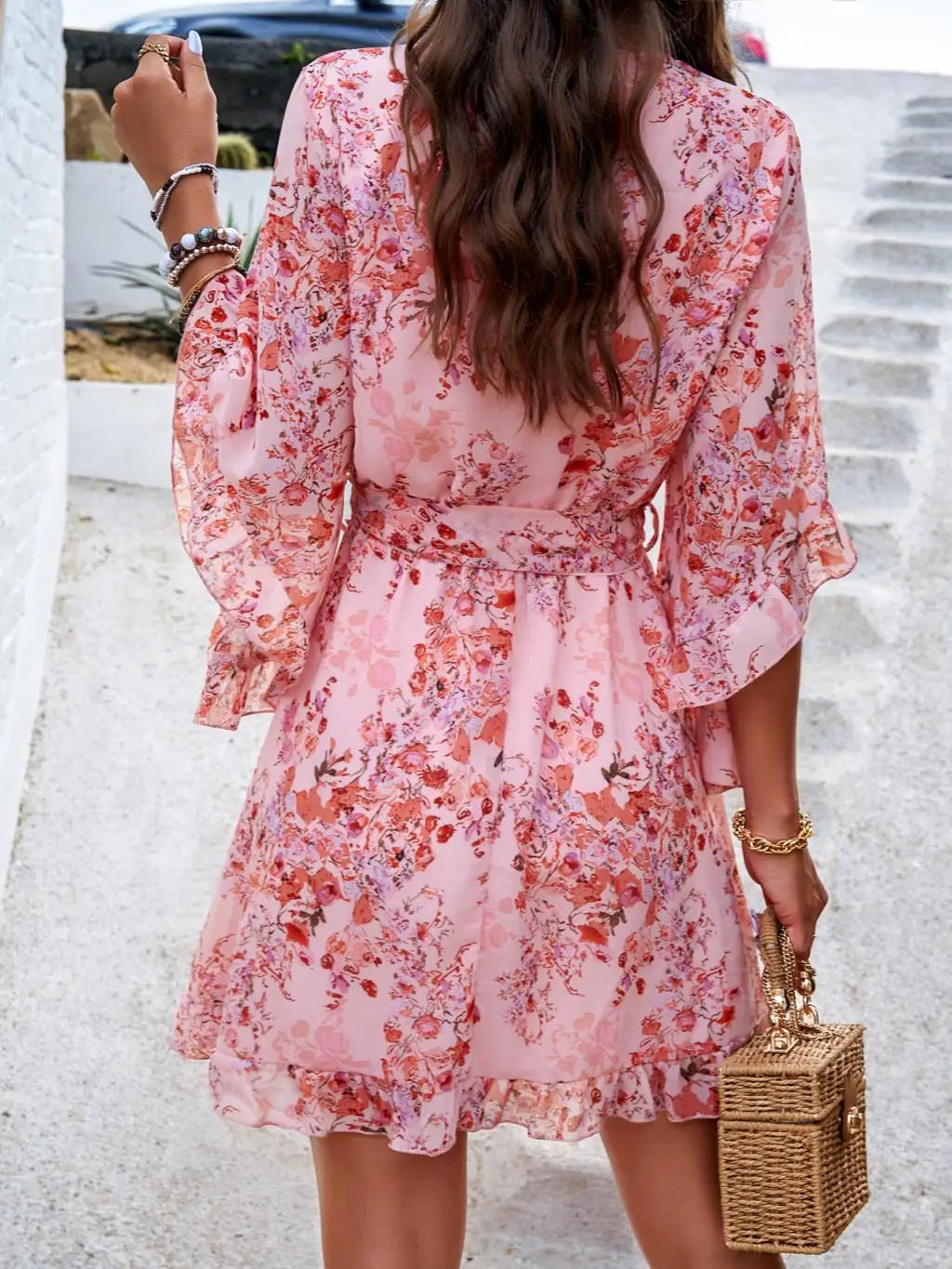 Women's Autumn Winter Half Sleeve Flower Print Elegant V-neck Casual A-Line Knee-Length High Waist Dress