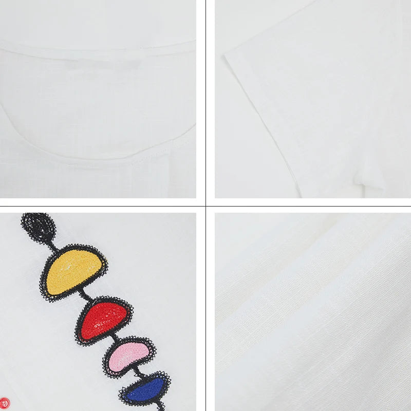 Women's Summer Cotton Linen Oversized Short Sleeve Sequins Button Top