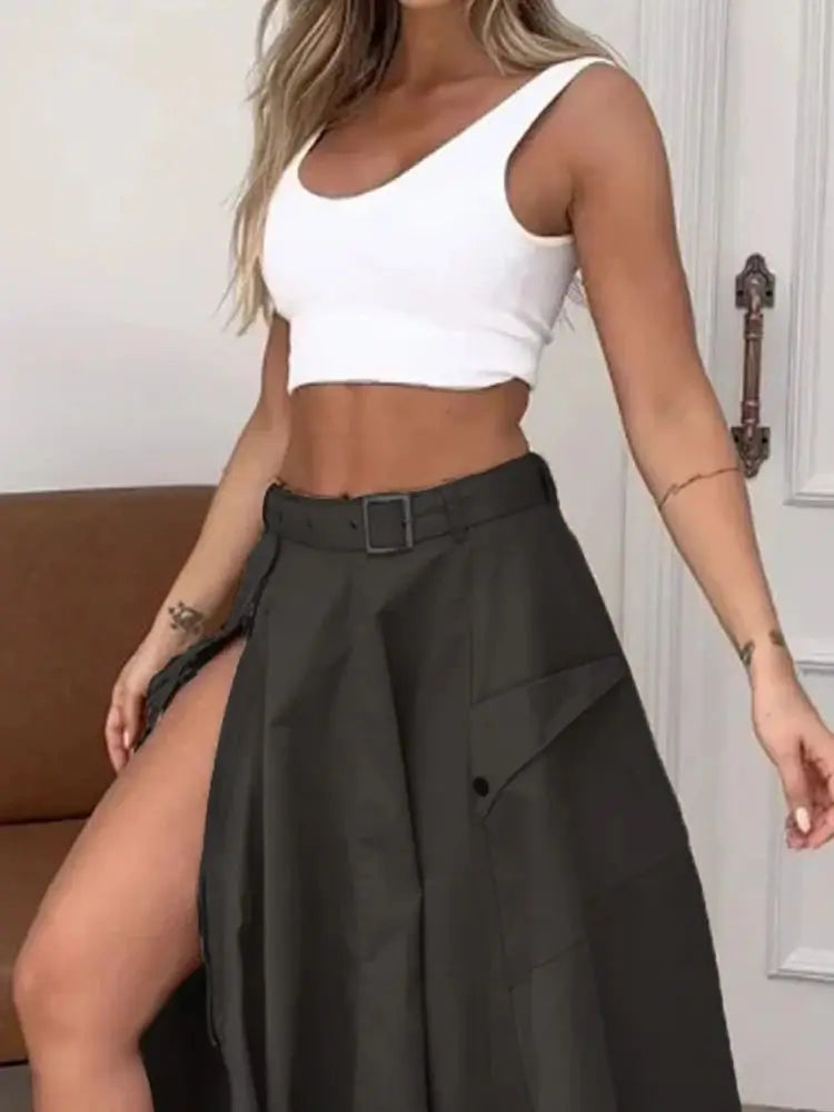 Women's Sleeveless Slit Two Piece Set - High Waist Long Skirt and Vest Bra