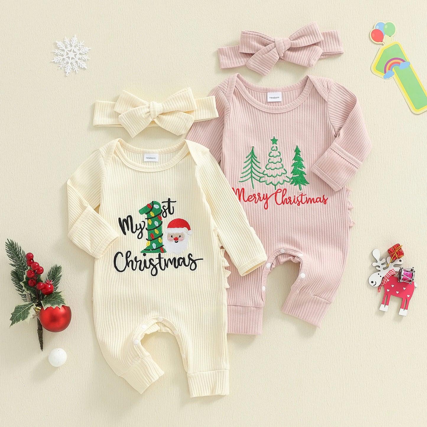 Newborn Baby Christmas Romper with Headband - Long Sleeve Xmas Tree Embroidery Jumpsuit