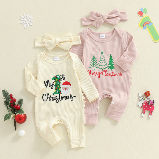 Newborn Baby Christmas Romper with Headband - Long Sleeve Xmas Tree Embroidery Jumpsuit