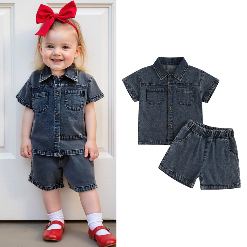 2-6Y Kids Boys Girls Summer Denim Clothes Sets Short Sleeve Button-down Shirt with Elastic Waist Shorts