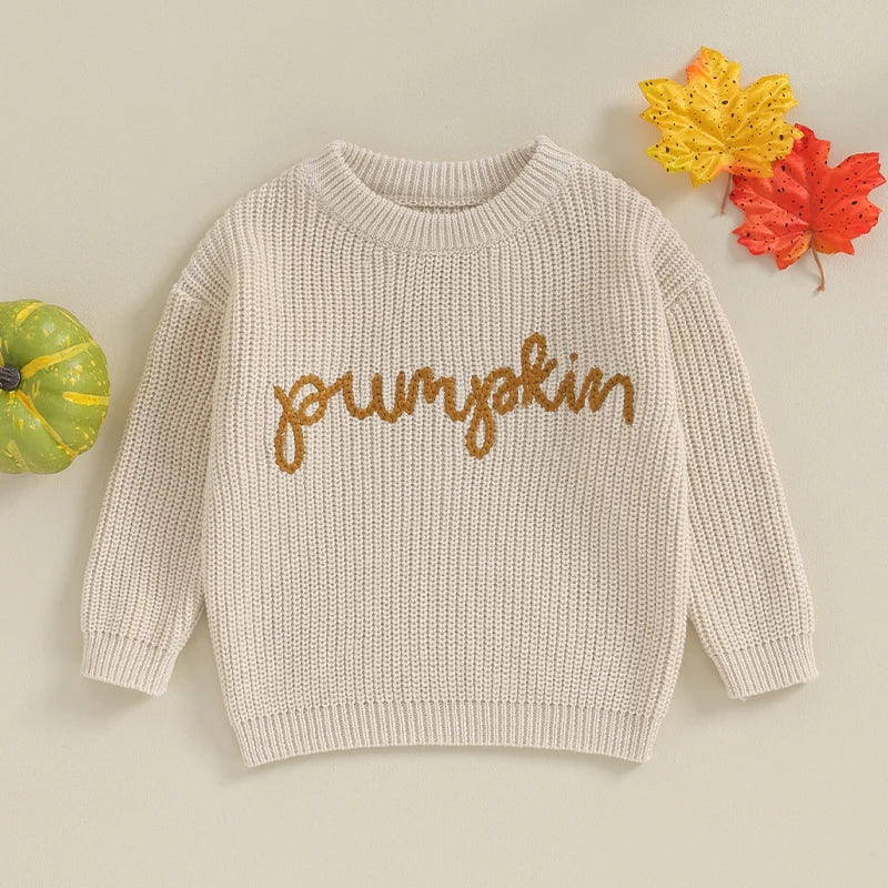 0-3Y Toddler Baby Girls Boys Autumn Winter Knit Sweater 3 Colors Long Sleeve Pumpkin Letter Embroidery Knitwear
