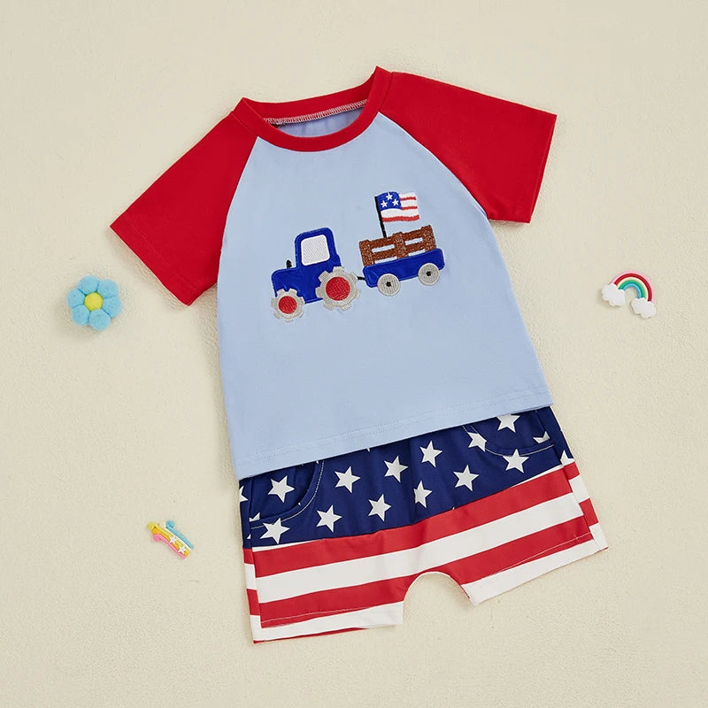 0-4Y American Flag Baby Boys Clothes Sets Tractor Embroidery Patchwork Short Sleeves T-Shirt Star Stripe Shorts