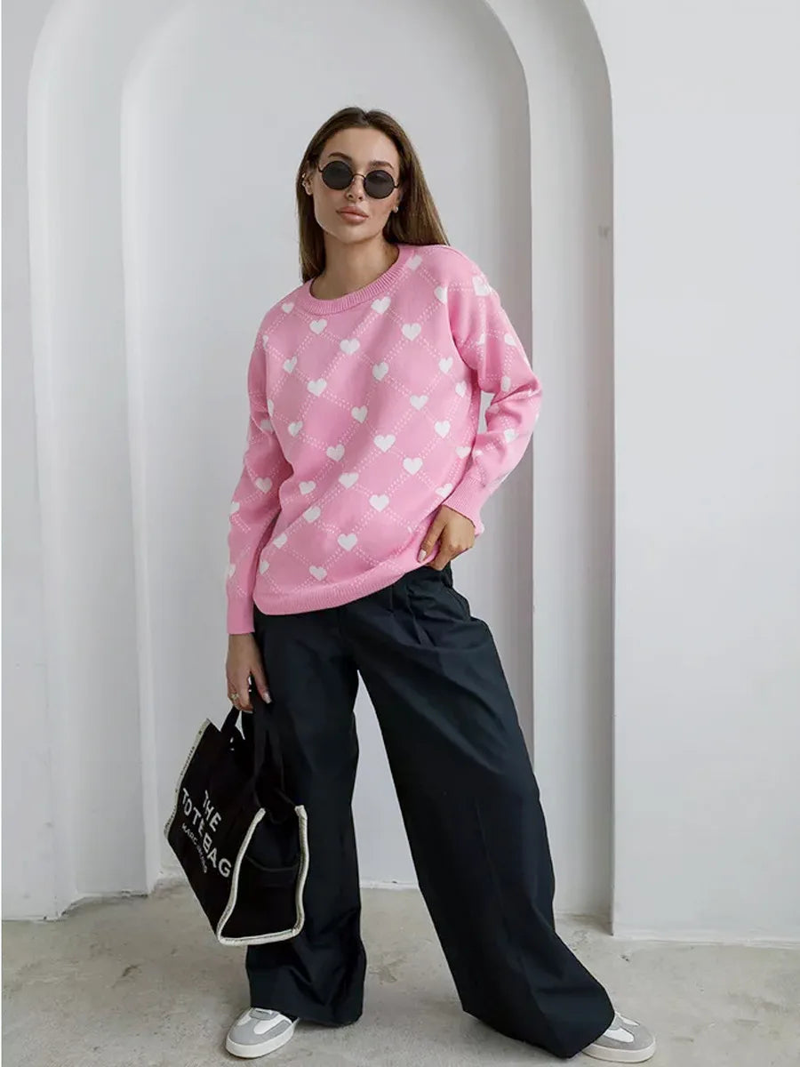 Women's Love Heart Printed Round-neck Pullover Sweater