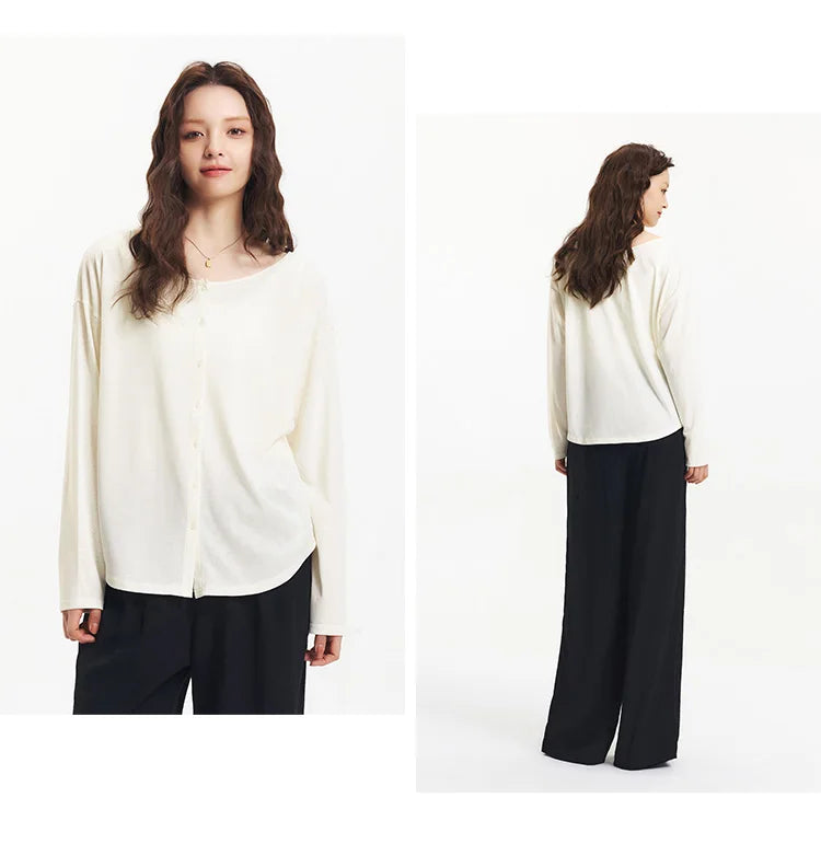 Women's Long Sleeve U-Neck T-Shirt - Minimalist Elegant Cardigan Style Top