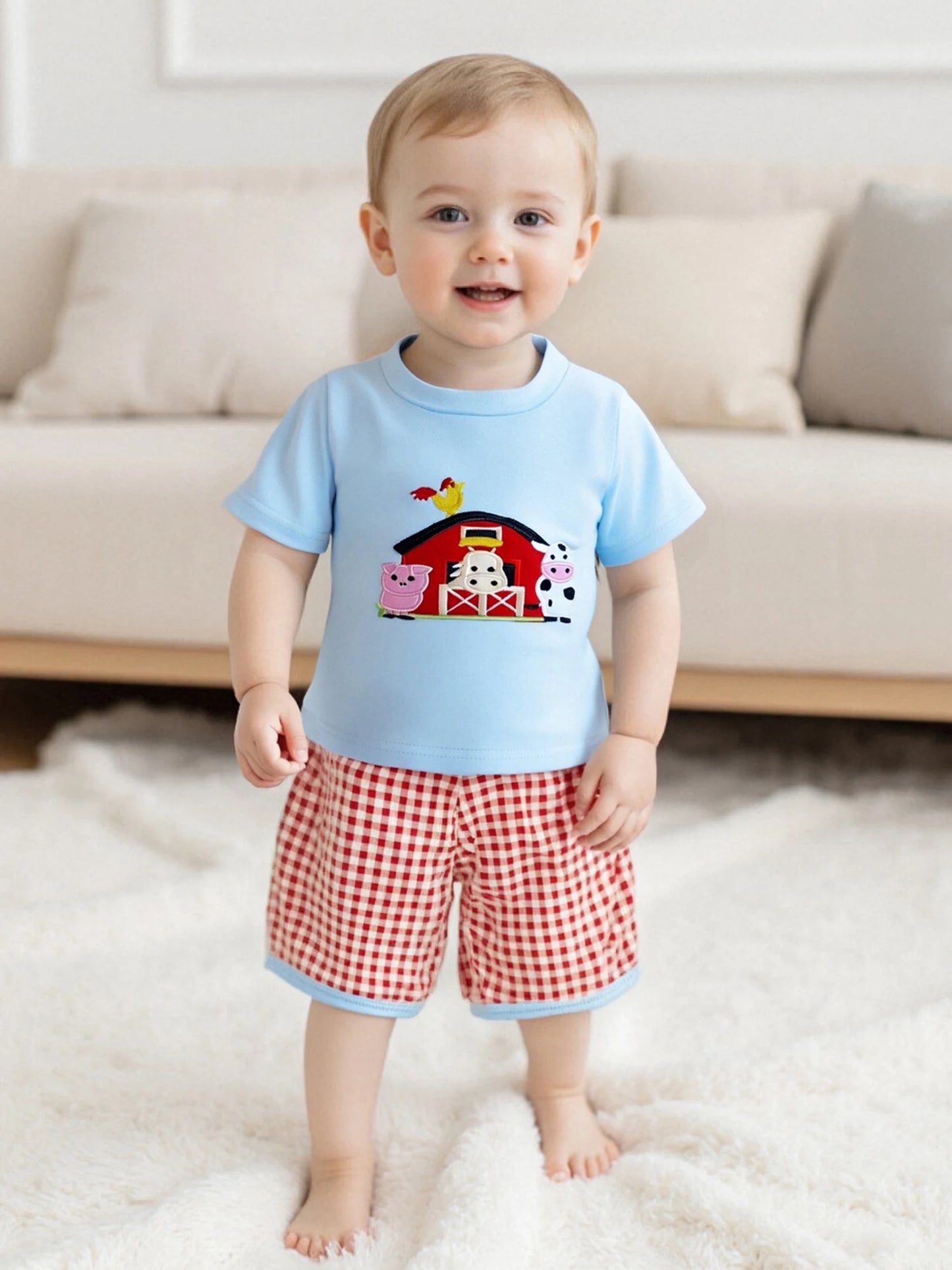 Infant Baby Boys Summer Outfit Set - Farm Animal Embroidery T-Shirt & Shorts (0-3Y)