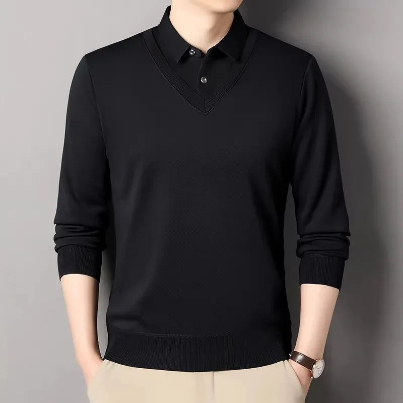 Men's Fleece Smart Casual Knitted Long Sleeve T-shirt