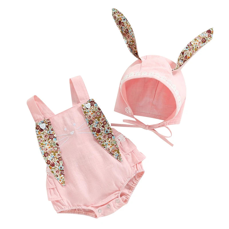 Easter Days Baby Girls Boys Romper 2pcs Cartoon Rabbit Floral Printed Sleeveless Bunny Ear Jumpsuit