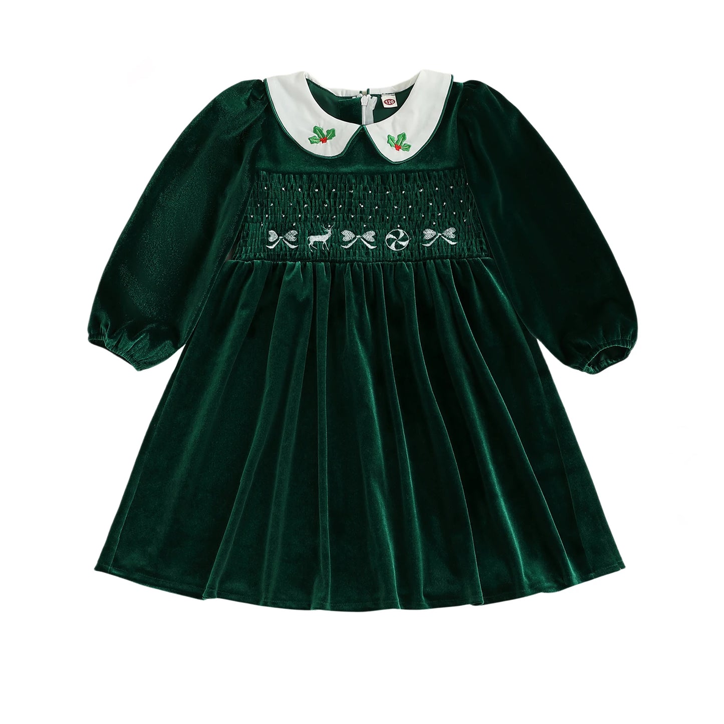 Little Girl's Velvet Christmas Dress - Deer Bow Holly Embroidered Smocked A-Line