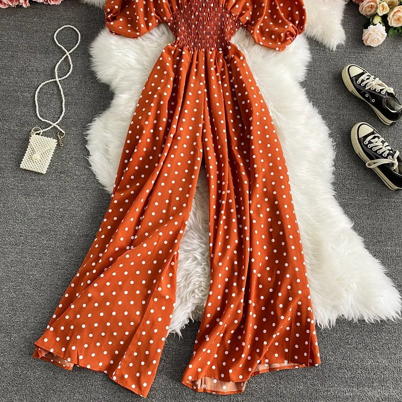Women's V-Neck Polka Dot Jumpsuit - Wide Leg Trousers with Dolman Sleeves