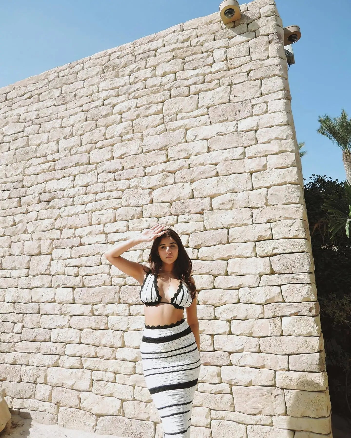 Women's Summer Beachwear Stripe Dress Set -Deep V Neck Knitted Top and Skirt 2 Piece Sets