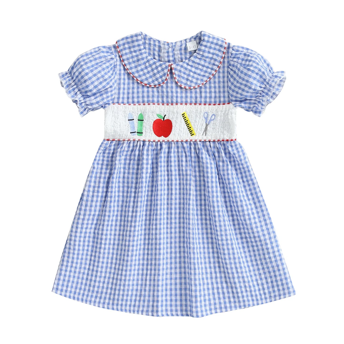 Girl's Back to School Dress - A-Line Embroidered Plaid Doll Collar Bubble Sleeve