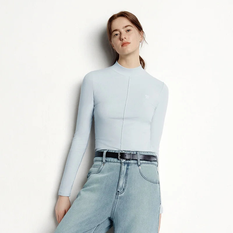 Women's Mock Neck Thermal Base Layer - Slim Fit Brushed Fabric with Embroidery
