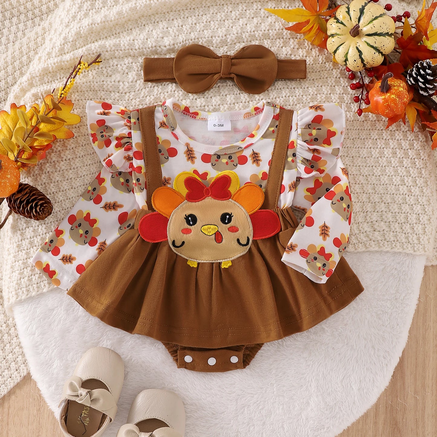 2-Piece Baby Girls Holiday Romper Dress Set 0-18M - Thanksgiving/Christmas Print with Headband
