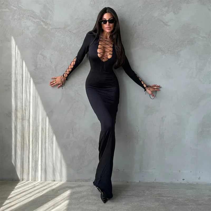 Women's Lace Up Bandage Maxi V Neck Long Sleeve Dress