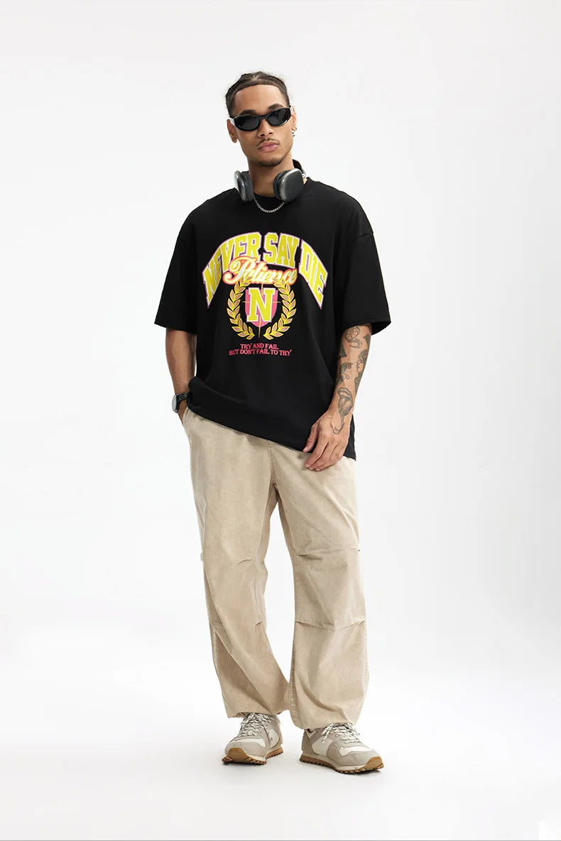 Men's College Printed Suede Beaded American Style Loose Short Sleeve T-Shirt