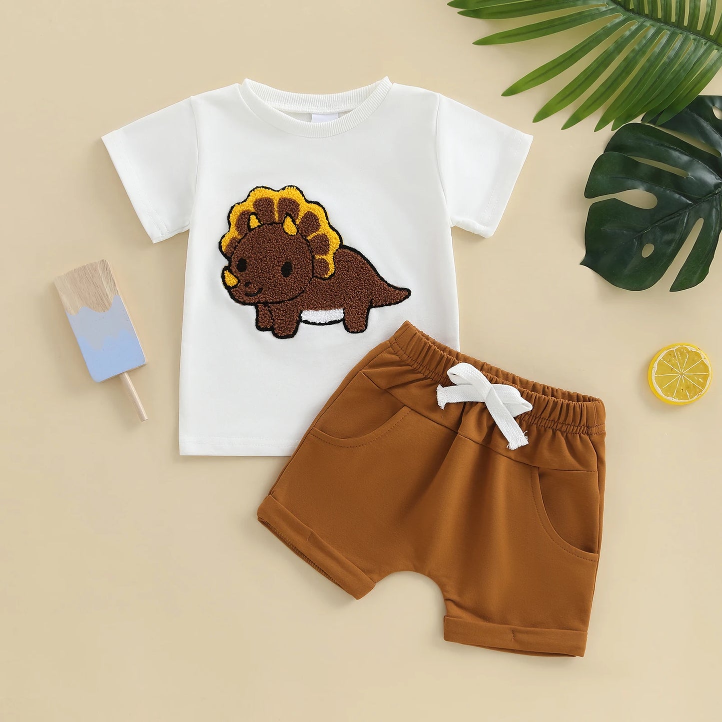 0-3Y Toddler Baby Boys Clothes Set Dinosaur Embroidery Short Sleeve T-shirts Solid Elastic Waist Shorts