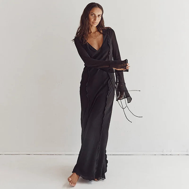 Women's Elegant Mesh Transparent Maxi Flare Sleeve Cover-Ups Loose Beach Dress
