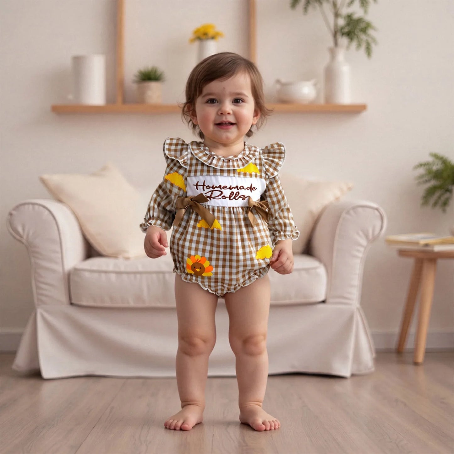 Baby Thanksgiving Romper - Long Sleeve Plaid Print Turkey Embroidery Bubble Jumpsuit