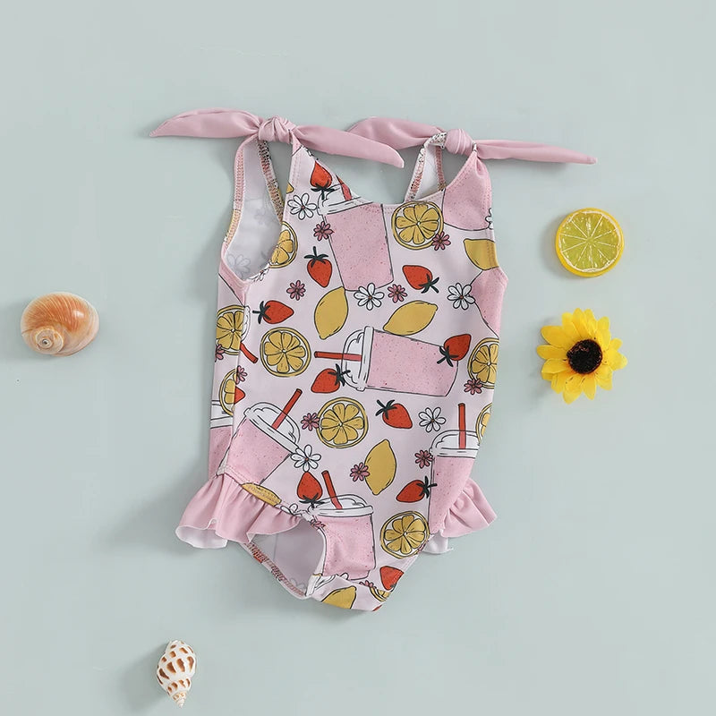 0-5Y Toddler Kids Girls Summer Swimsuits Cartoon Ice Cream Print Tie up Strap Ruffled Swimwear