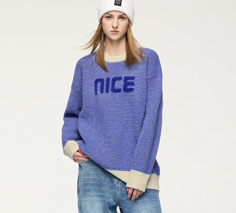 Unisex Letter Print Loose Knit Pullover Sweater