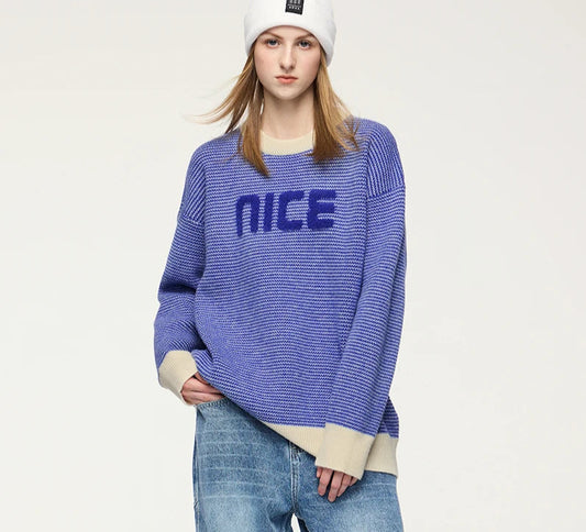 Unisex Letter Print Loose Knit Pullover Sweater