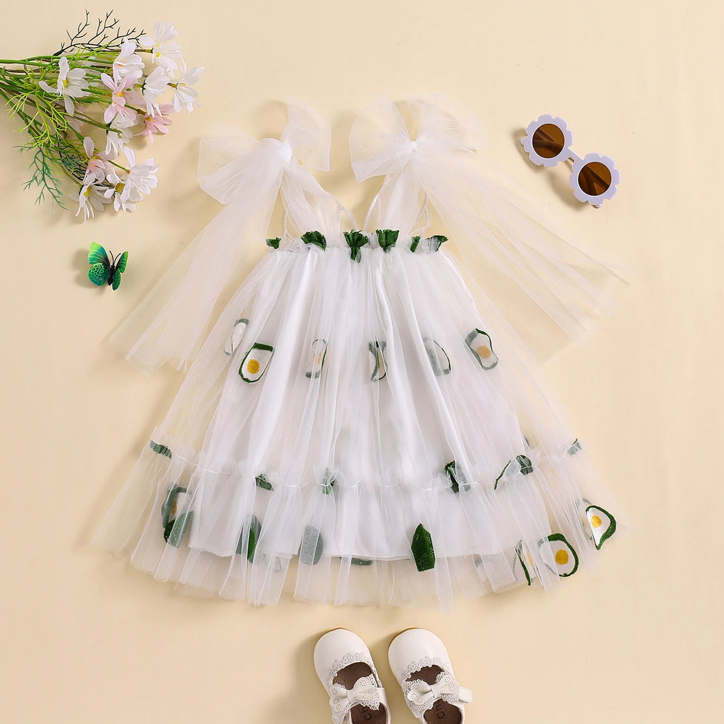 Summer Baby Girls Princess Dress 0-3Y Sleeveless Straps Print Mesh Tulle Sundress with Butterfly Wing