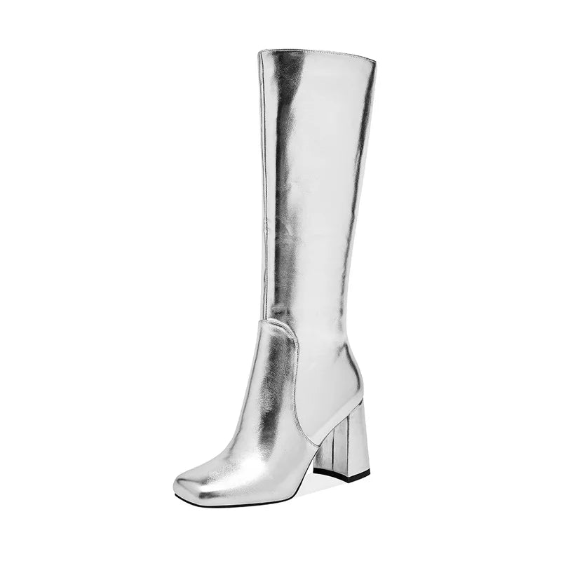 Women's Patent Leather 7cm Thick Heel Knee Side Zipper Boots