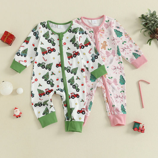 Baby Christmas Romper - Xmas Print Zipper Jumpsuit