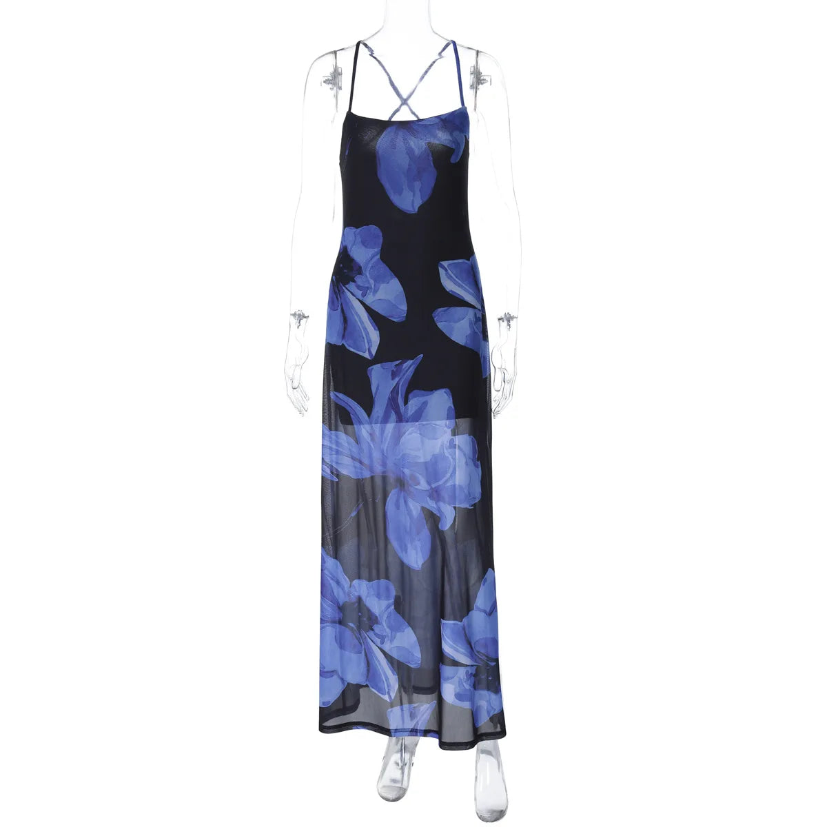 Women's Halter Mesh Sheer Floral Print Sheer Maxi Backless Summer Party Bandage Dress