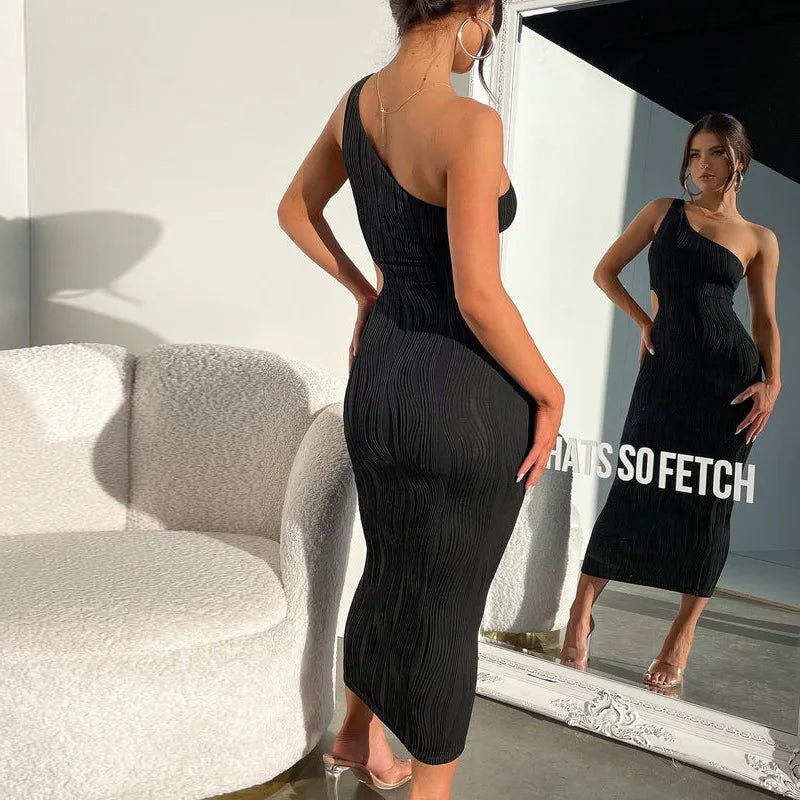 Women Irregular Cut Out Midi Sleeveless One Shoulder Textured Bodycon Dress