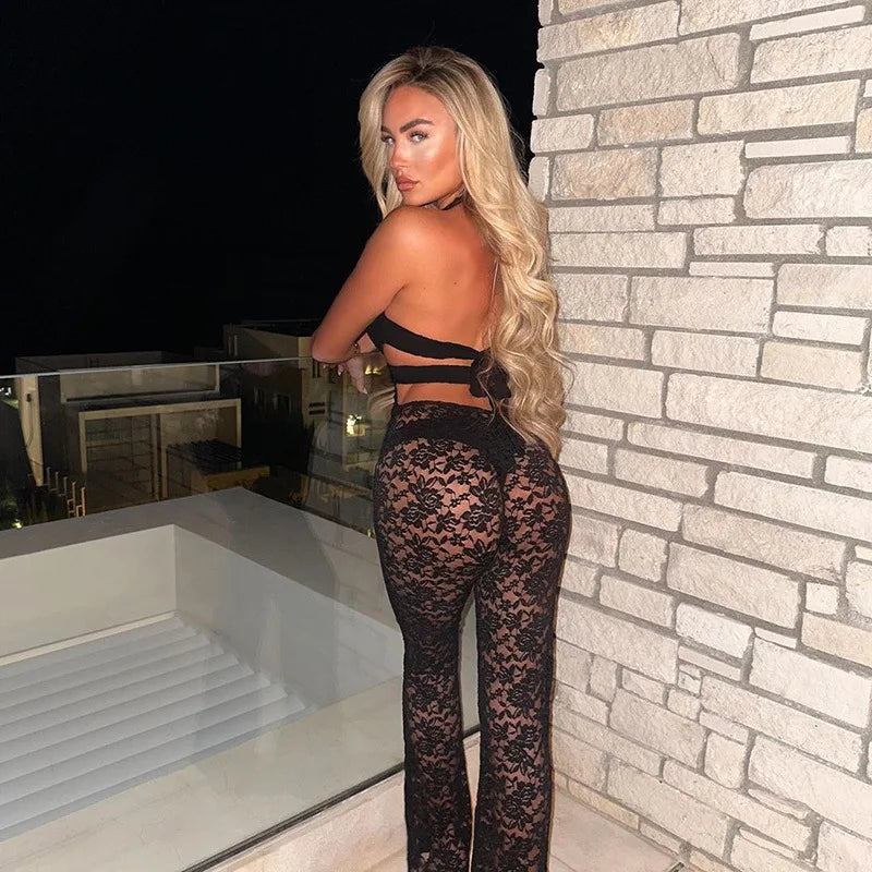 Women's Halter Cut Out Lace Flare Jumpsuits Rompers Fashion Outfit - One Piece Backless Bodycon Jumpsuit Overalls Flare Pant