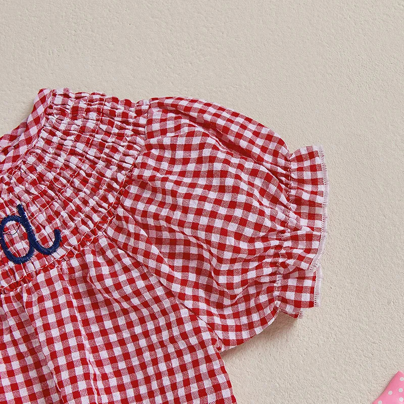Baby Girls Independence Day Rompers - 3 Colors Letter Embroidery Plaid Print Short Sleeve Jumpsuits