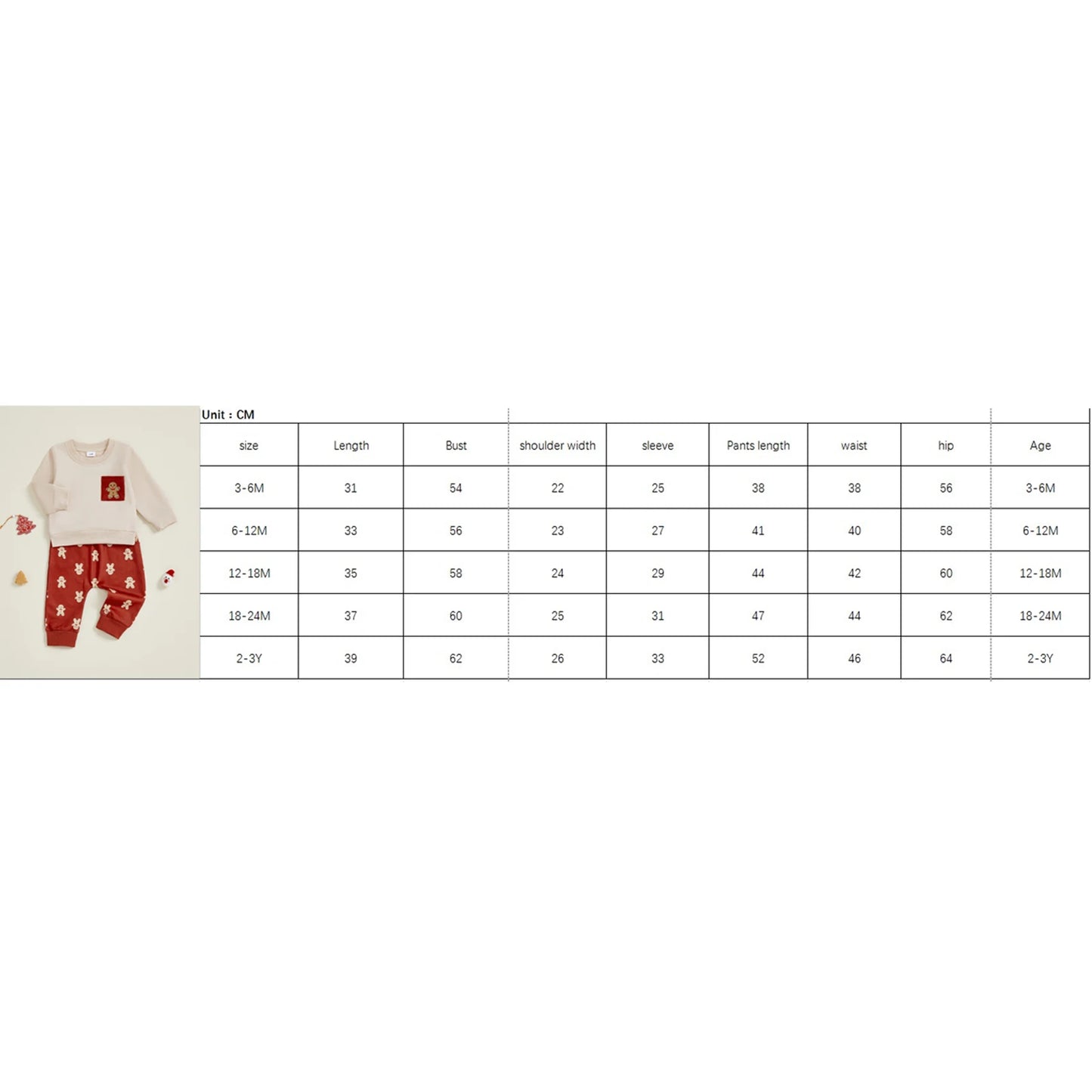 Baby Boys Christmas Gingerbread Outfit Set - Long Sleeve O-Neck Top & Drawstring Pants (0-3Y)