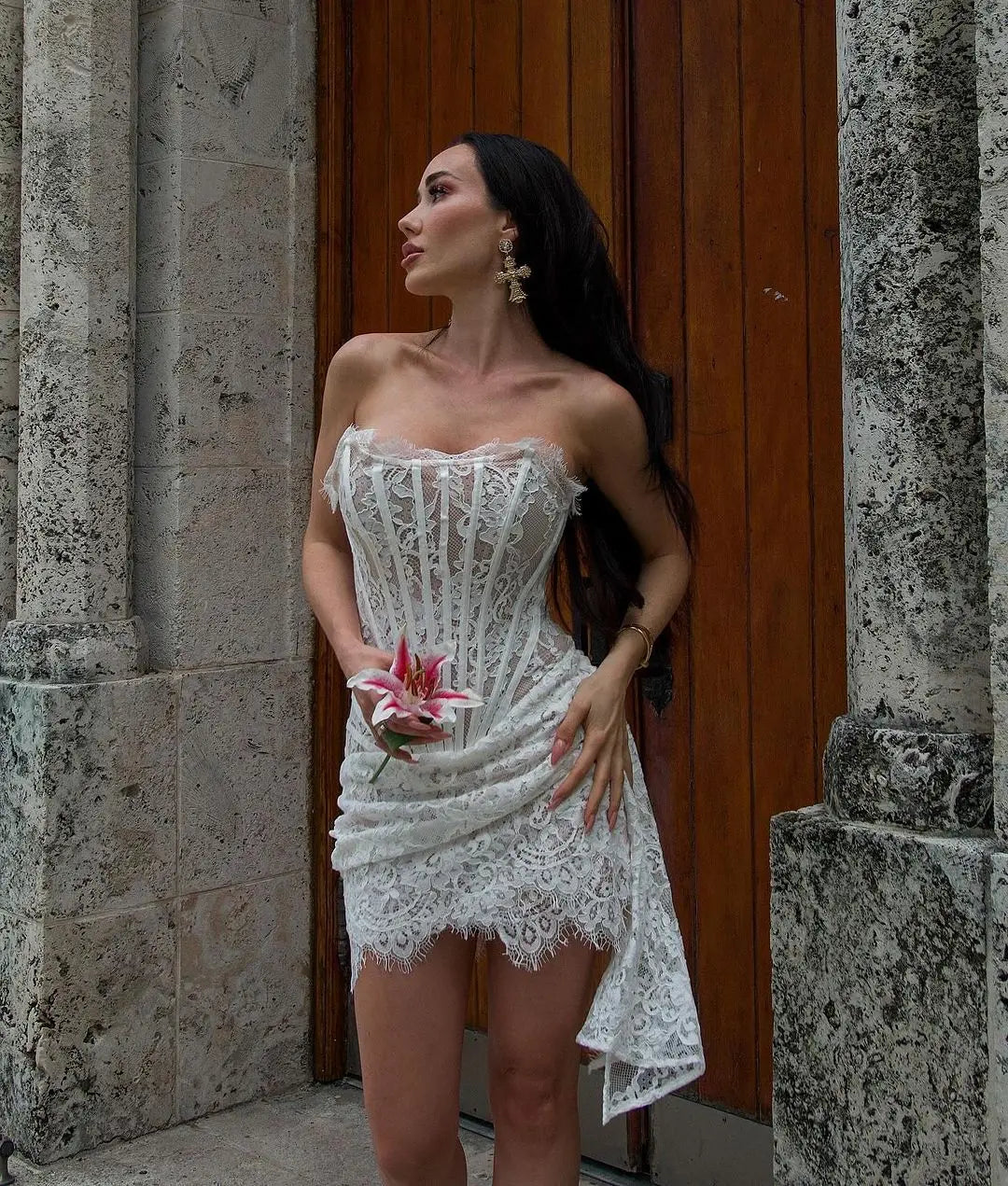 Women's Strapless Lace Trim Corset Mini Dress - A-Line Backless Wrap Dress