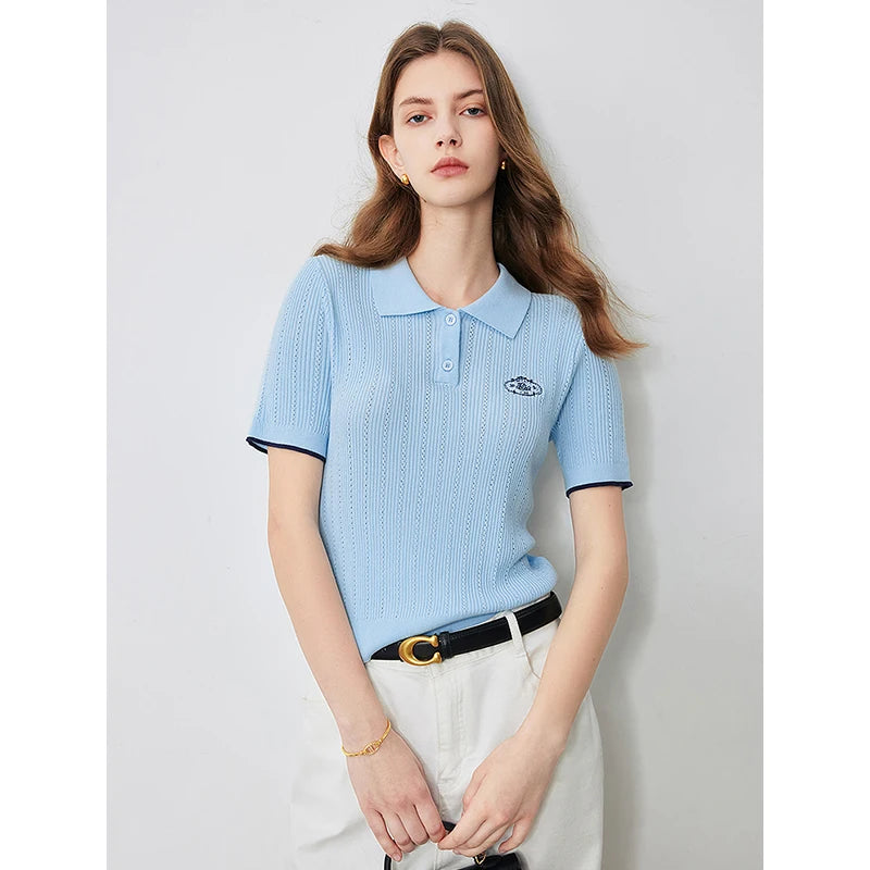 Women's Knitwear Contrast Color Hollow Out Polo Neck Short Sleeve Shirt