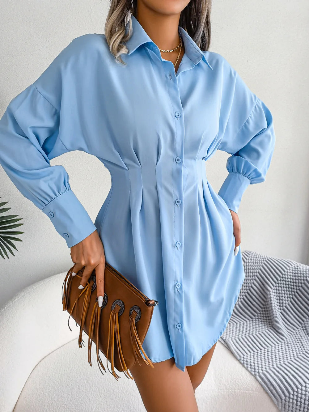 Women's Autumn Winter Casual Lantern Sleeve High Waist Asymmetric Dress Shirt Dress