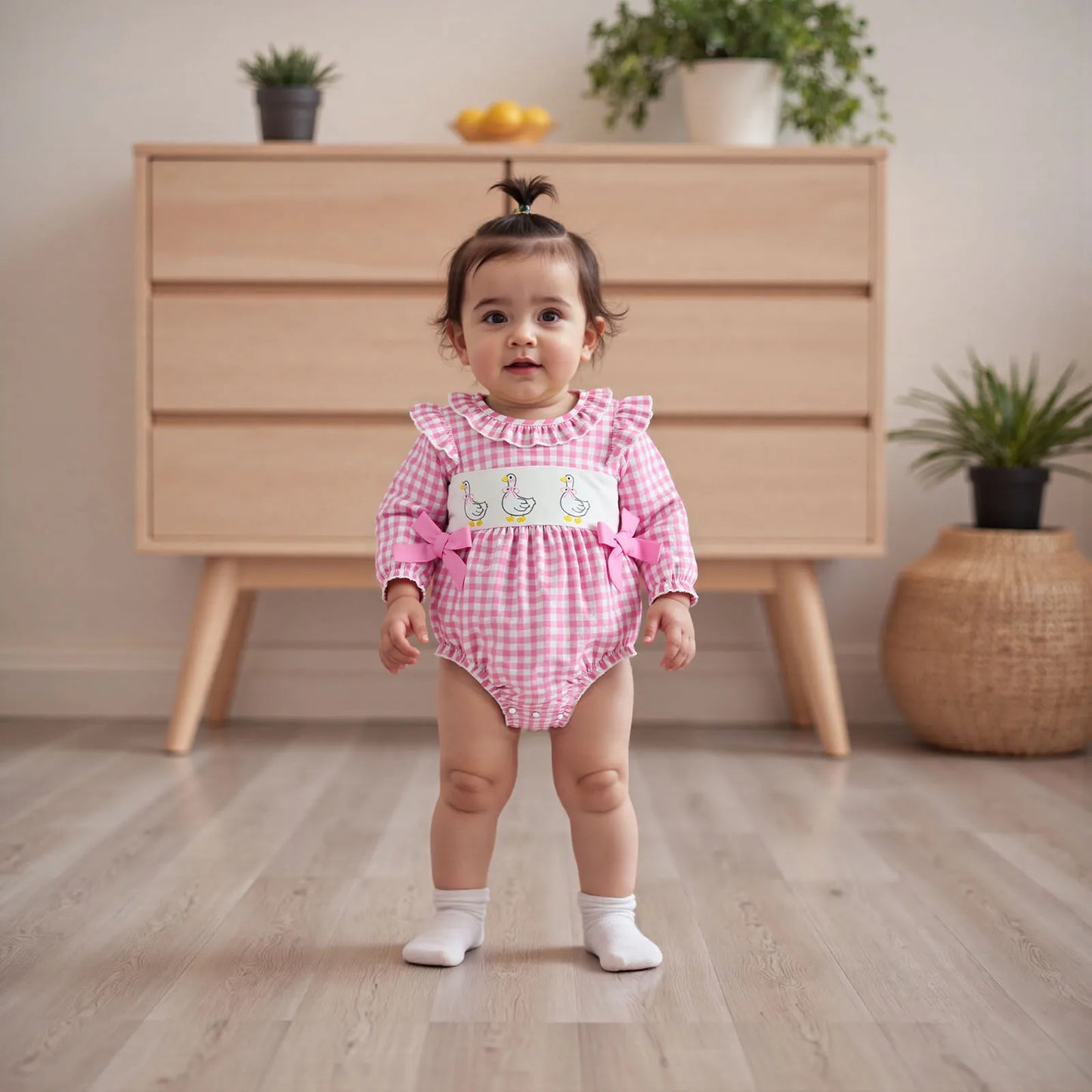 Baby Girls Plaid Bubble Romper - Duck Embroidery Long Sleeve Jumpsuit (0-18M)