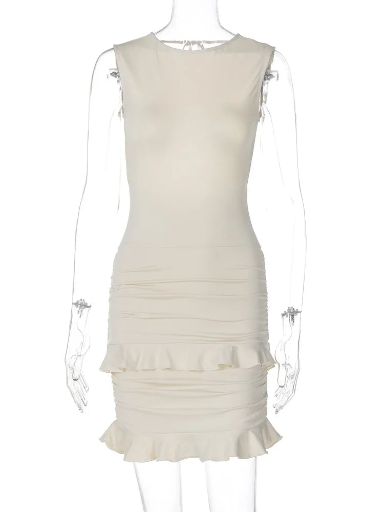 Women's Backless Lace Mini Ruched Patchwork Sleeveless Elegant Hip Wrap Slim Solid Party Evening Dress