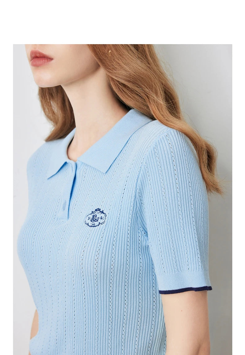 Women's Knitwear Contrast Color Hollow Out Polo Neck Short Sleeve Shirt