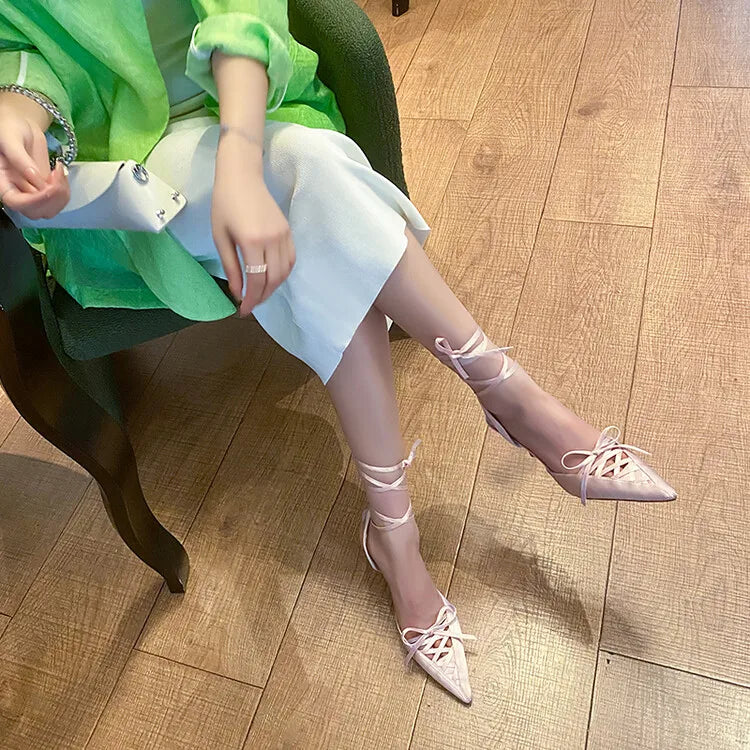 Women's Satin High Heel Sandals Strap 7cm Heel Sandals Bow Pointed Shoes